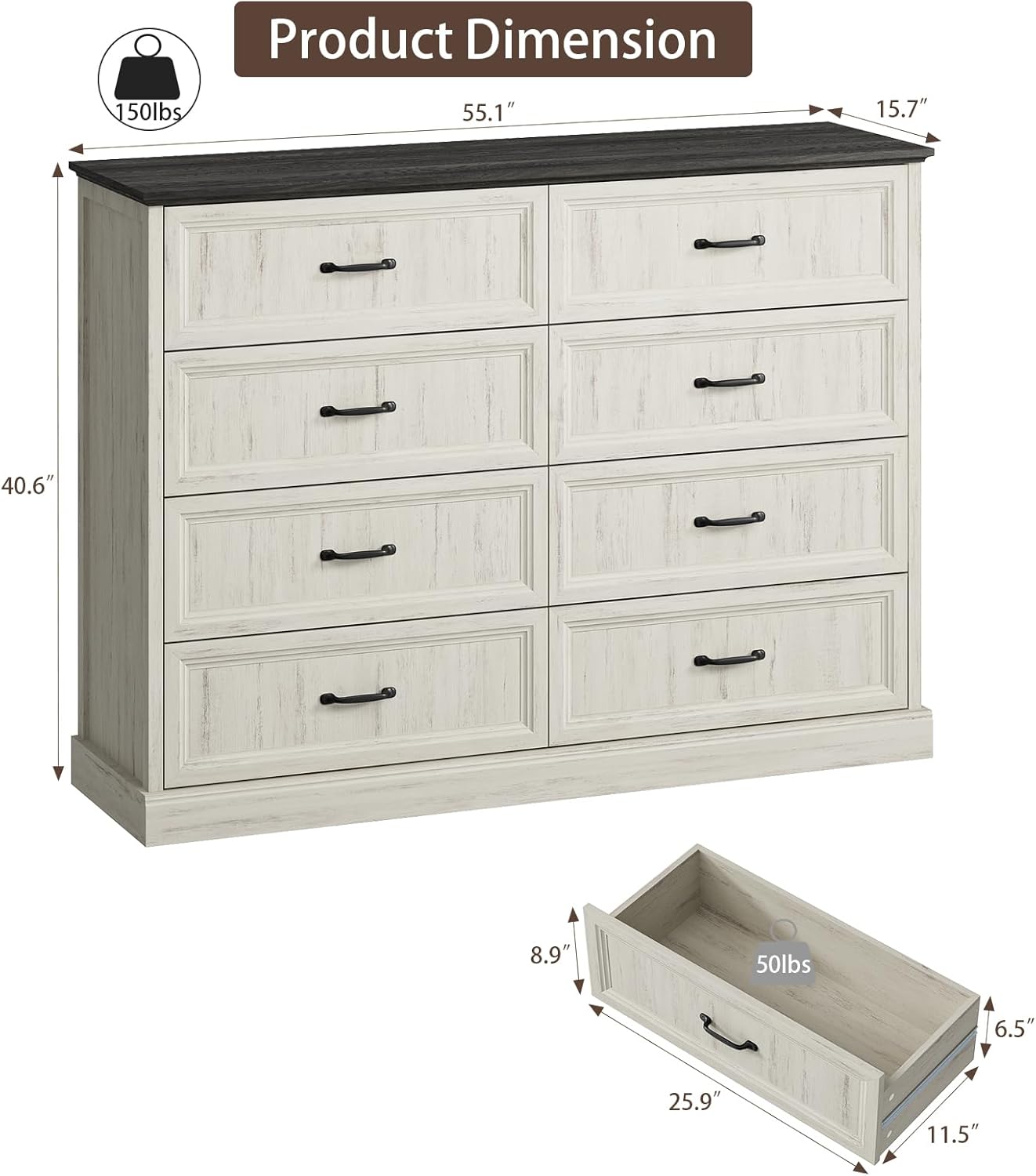 CARPETNAL Farmhouse 8 Drawer Dresser for Bedroom, 55" Wide Modern White Dresser TV Stand with Large