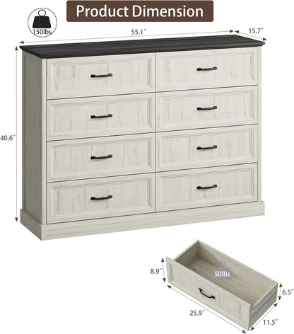 CARPETNAL Farmhouse 8 Drawer Dresser for Bedroom, 55" Wide Modern White Dresser TV Stand with Large
