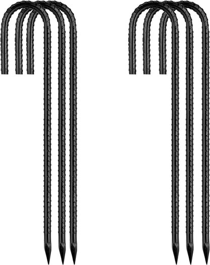 Ground-Stakes-Heavy-Duty-12 inch, J-Hook Rebar Stakes Black Coated Anti-Rust 6pcs Garden Stakes