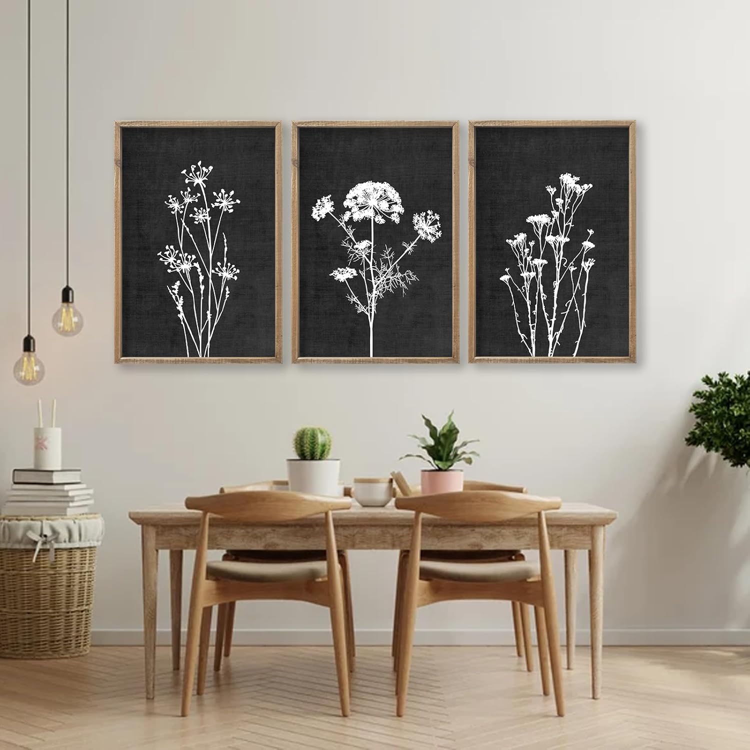 Flower Plant Wall Art Decor 16"x11" Set of 3 Black And White Botanical Painting Wood Framed For