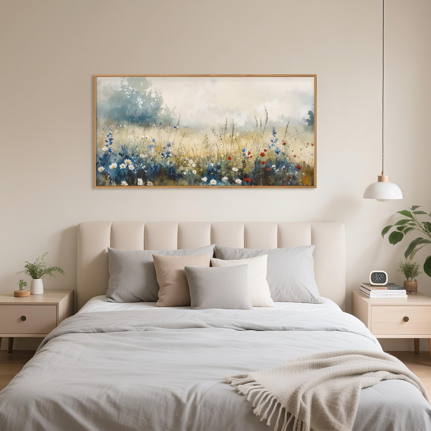 Nature Wildflower Framed Canvas Wall Art Set, Pastoral Landscape Wall Decor, Colorful Meadow Wall