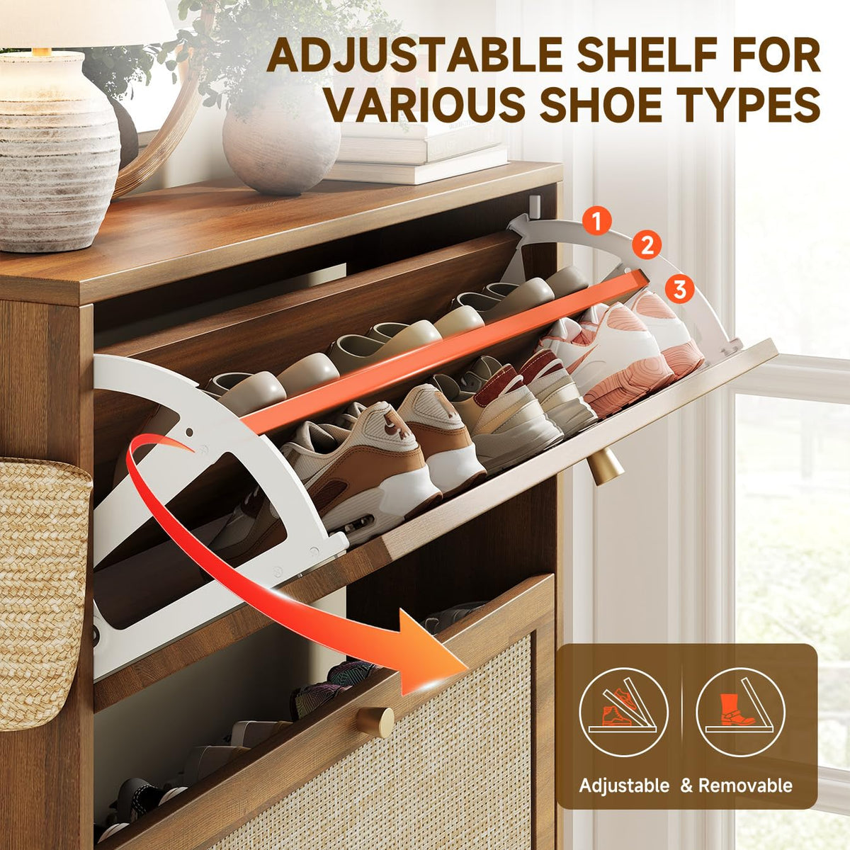 Nicetree Rattan Arched Accent Shoe Storage Cabinet - Freestanding Ultra Slim for Entryway, 2 Flip