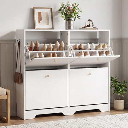 Nicetree Shoe Cabinet, 4 Flip Drawers Slim White Entryway Storage