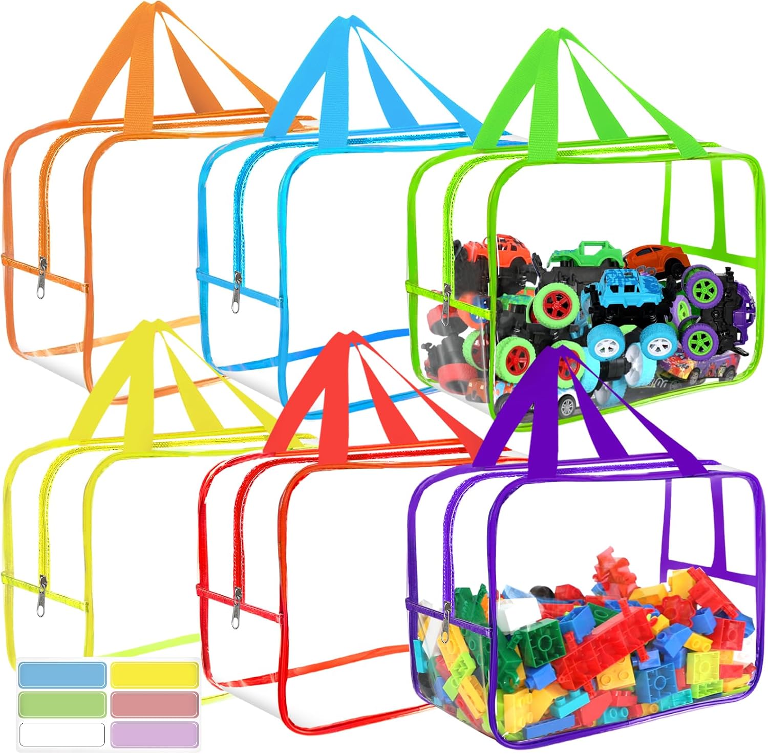 6 Colors Widen X-Large Toy Storage Bags 12.6×9.25×6.9In with Labels, Reusable Clear PVC Board Game