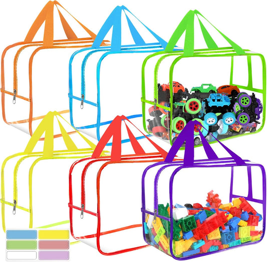 6 Colors Widen X-Large Toy Storage Bags 12.6×9.25×6.9In with Labels, Reusable Clear PVC Board Game