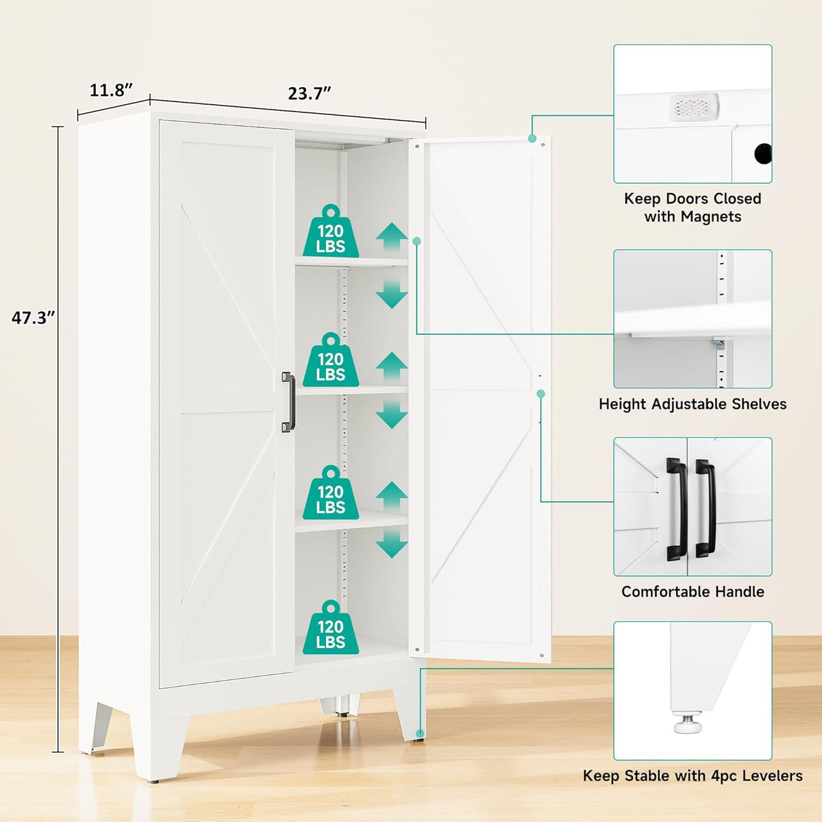 SISESOL Metal Storage Cabinet with 2 Doors and 3 Shelves,White Pantry Storage Cabinet with