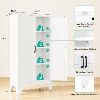 SISESOL Metal Storage Cabinet with 2 Doors and 3 Shelves,White Pantry Storage Cabinet with