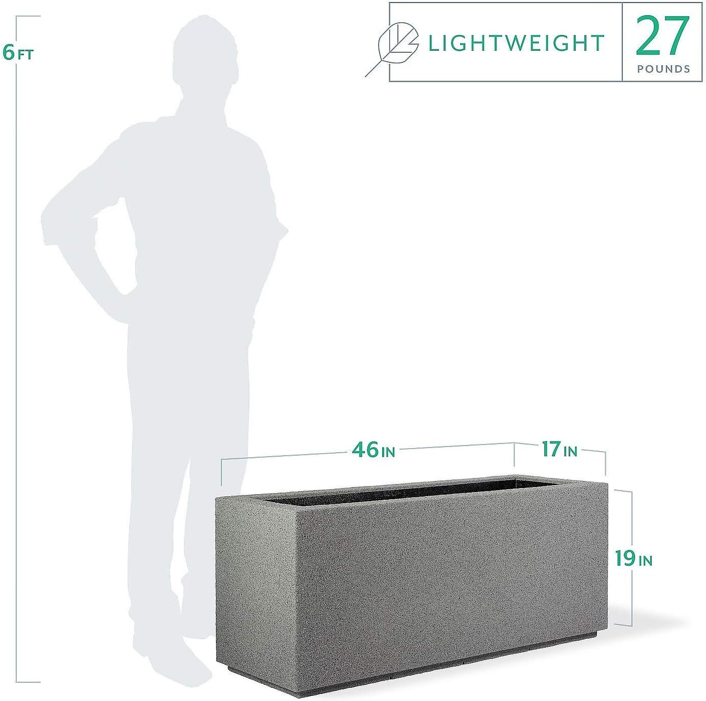 PolyStone Milan Tall Modern Outdoor/Indoor Rectangular Trough Planter, 46" L X 17" W X 19" H