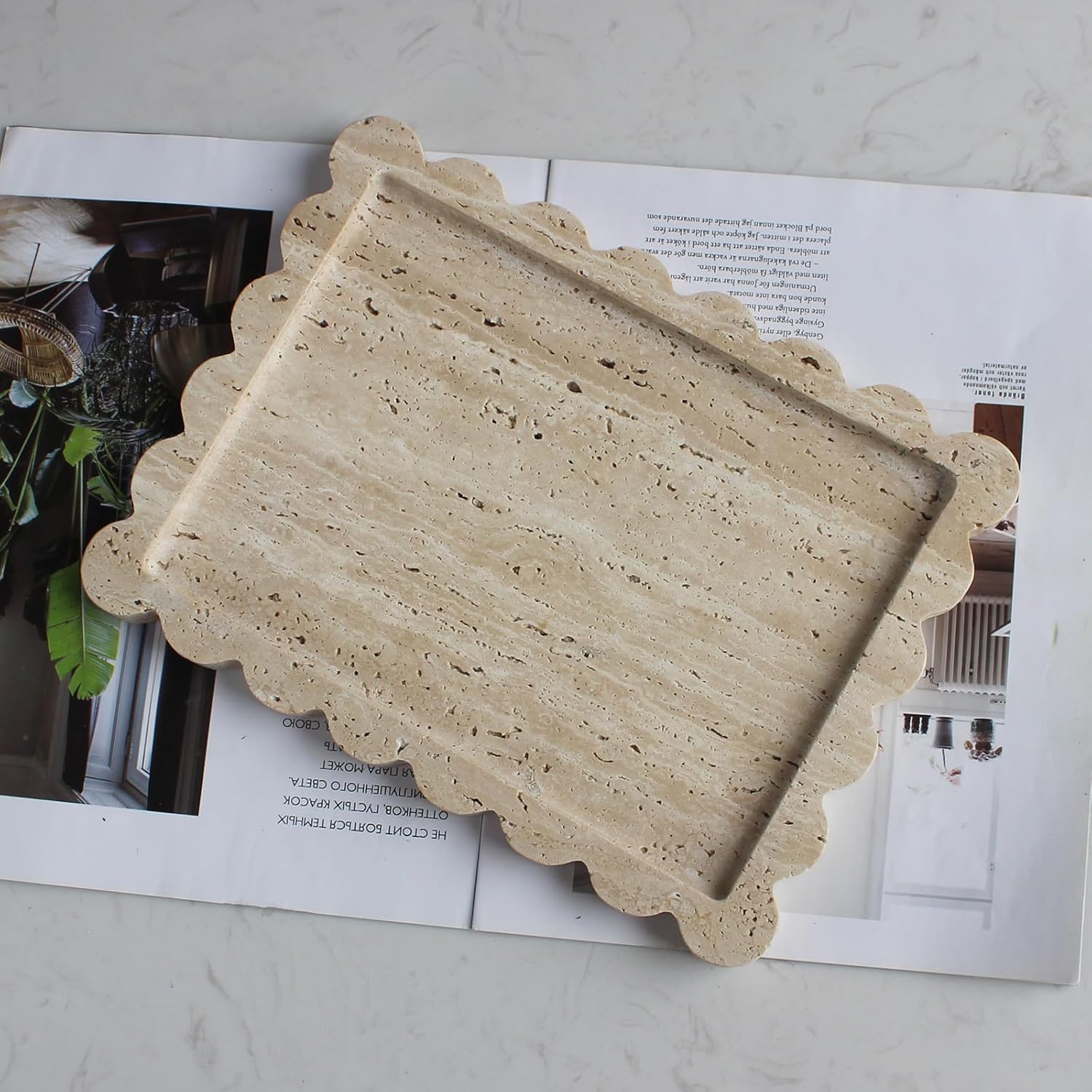 Natural Luxury Scalloped Marble Tray 10.8"x8", Rectangle Vanity Tray for Bathroom Kitchen Counter