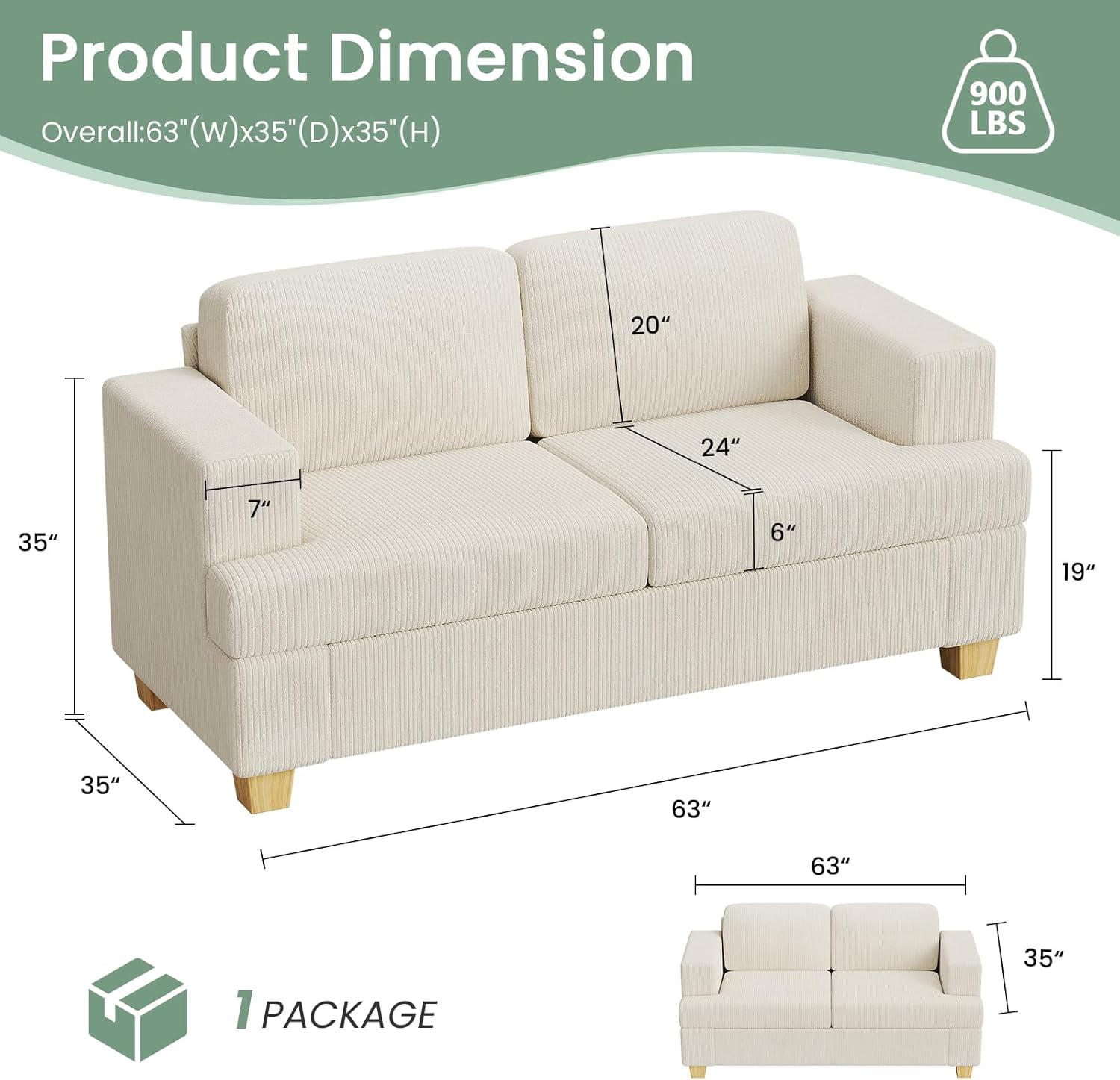 63" Corduroy Sofa Couch Loveseat for Living Room, Small Seep Seat Loveseat Sofa for Bedroom, Comfy