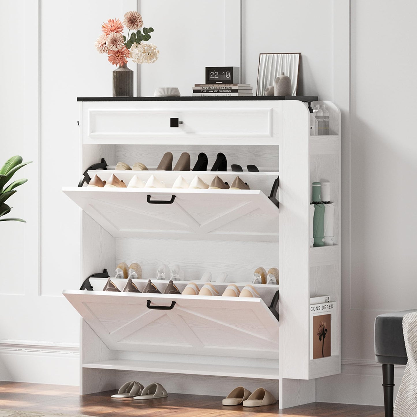 IRONCK Shoe Storage Cabinet with 2 Flip Drawers & Barn Door, White/Black