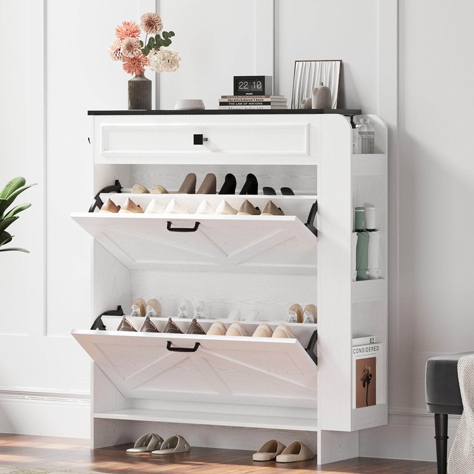 IRONCK Shoe Storage Cabinet with 2 Flip Drawers & Barn Door, White/Black