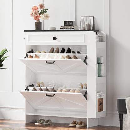 IRONCK Shoe Storage Cabinet with 2 Flip Drawers & Barn Door, White/Black
