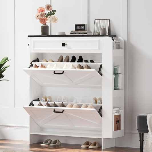 IRONCK Shoe Storage Cabinet with 2 Flip Drawers & Barn Door, White/Black