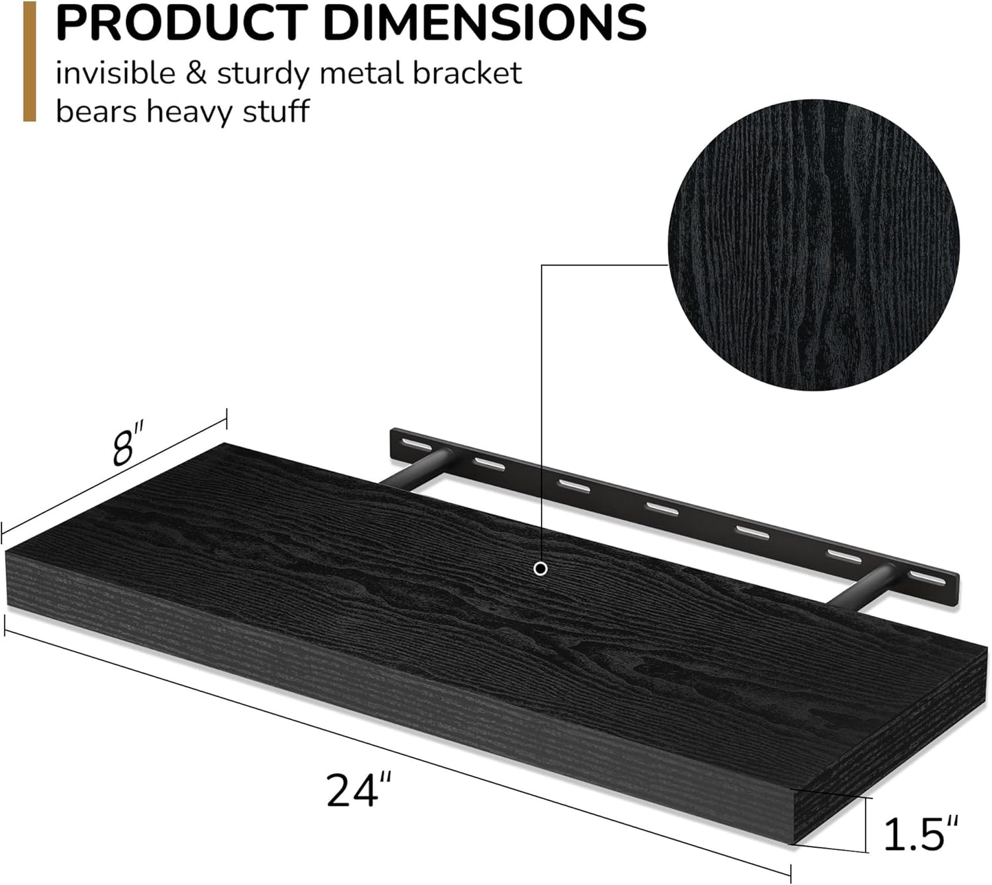 Fun Memories 24 Inch Floating Shelves - Deep Rustic Black Wooden Wall Shelves - Extra Deeper &