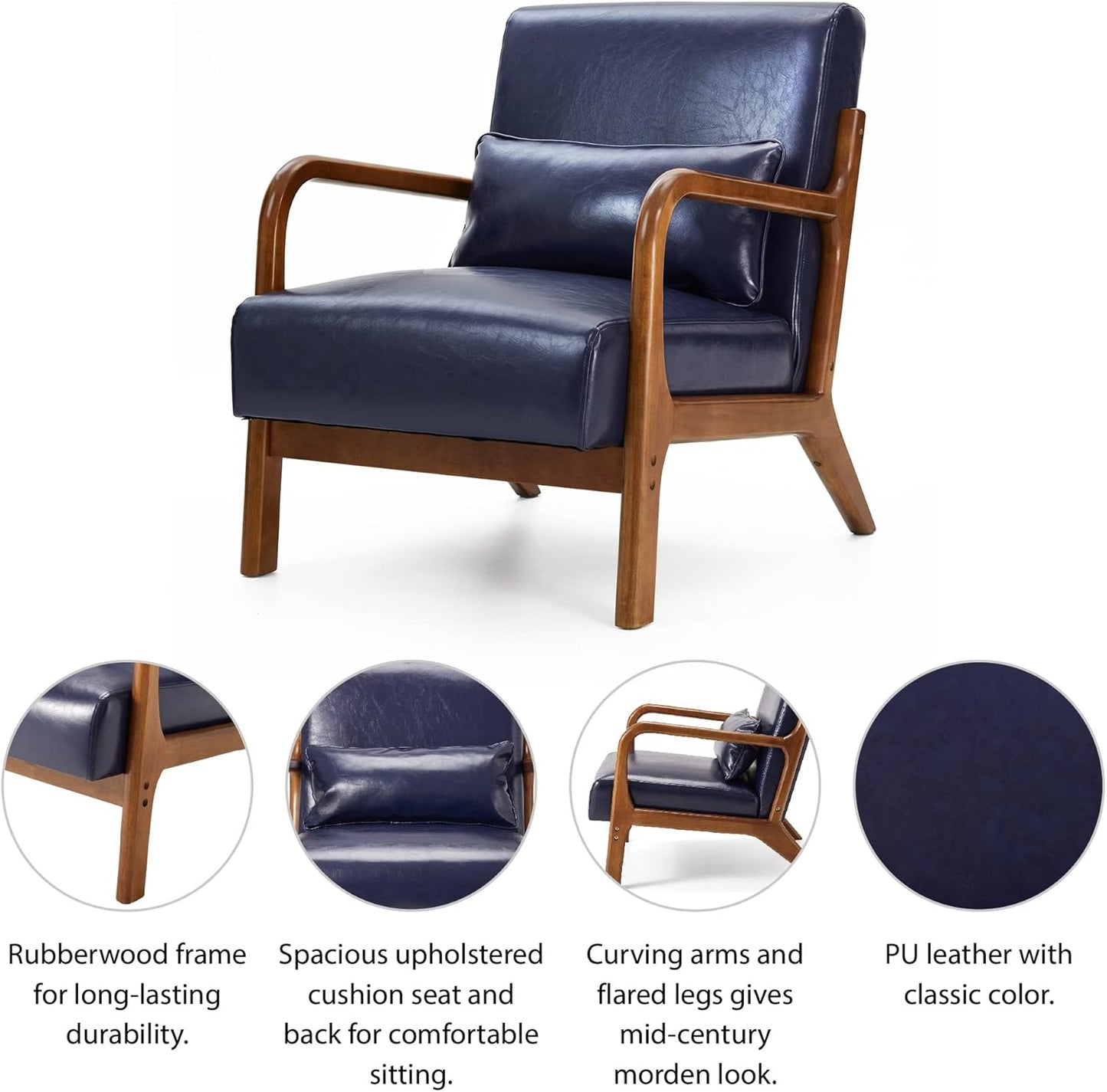 Glitzhome 2 Set Mid Century Navy Blue Accent Armchair, Single Reading Armchair PU Leather Lounge