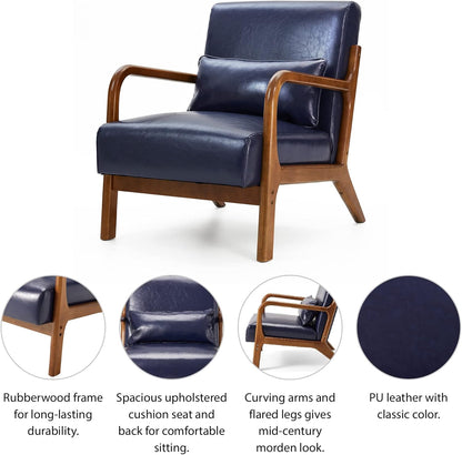 Glitzhome 2 Set Mid Century Navy Blue Accent Armchair, Single Reading Armchair PU Leather Lounge