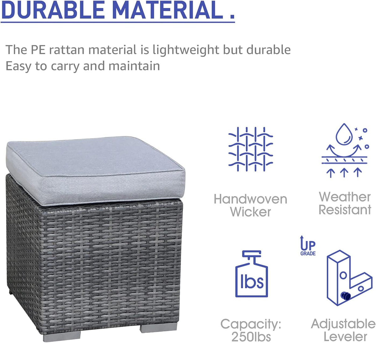 Patiorama 2 Pieces Assembled Outdoor Patio Ottoman, Indoor Outdoor All-Weather Grey Wicker Rattan