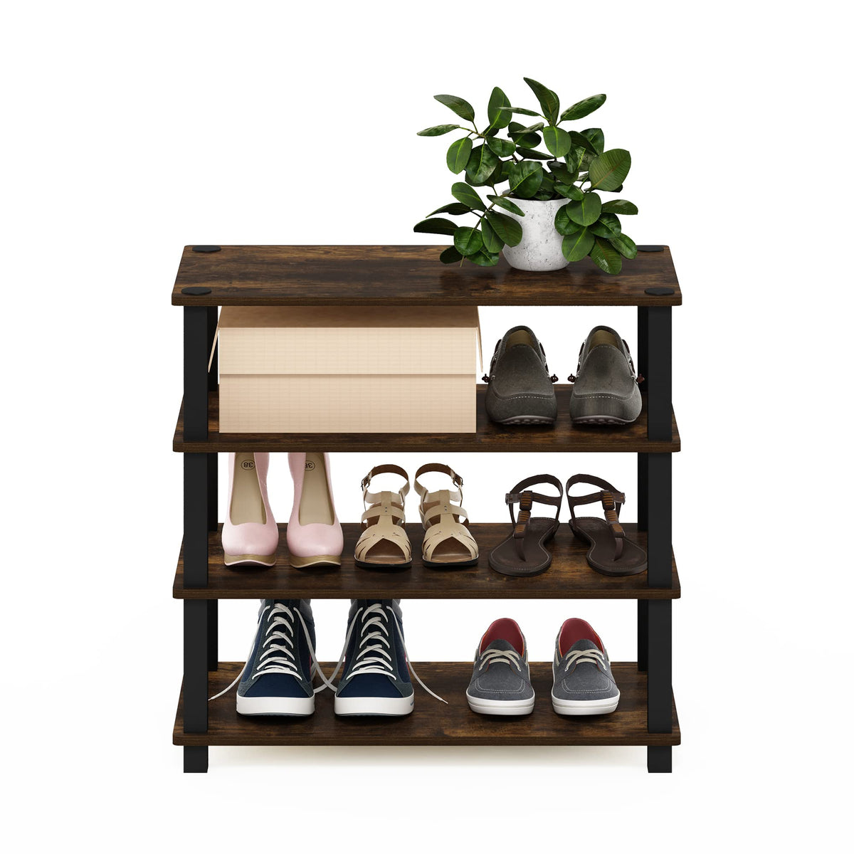 Furinno Turn-S-Tube 4-Tier Shoe Rack, Amber Pine/Black