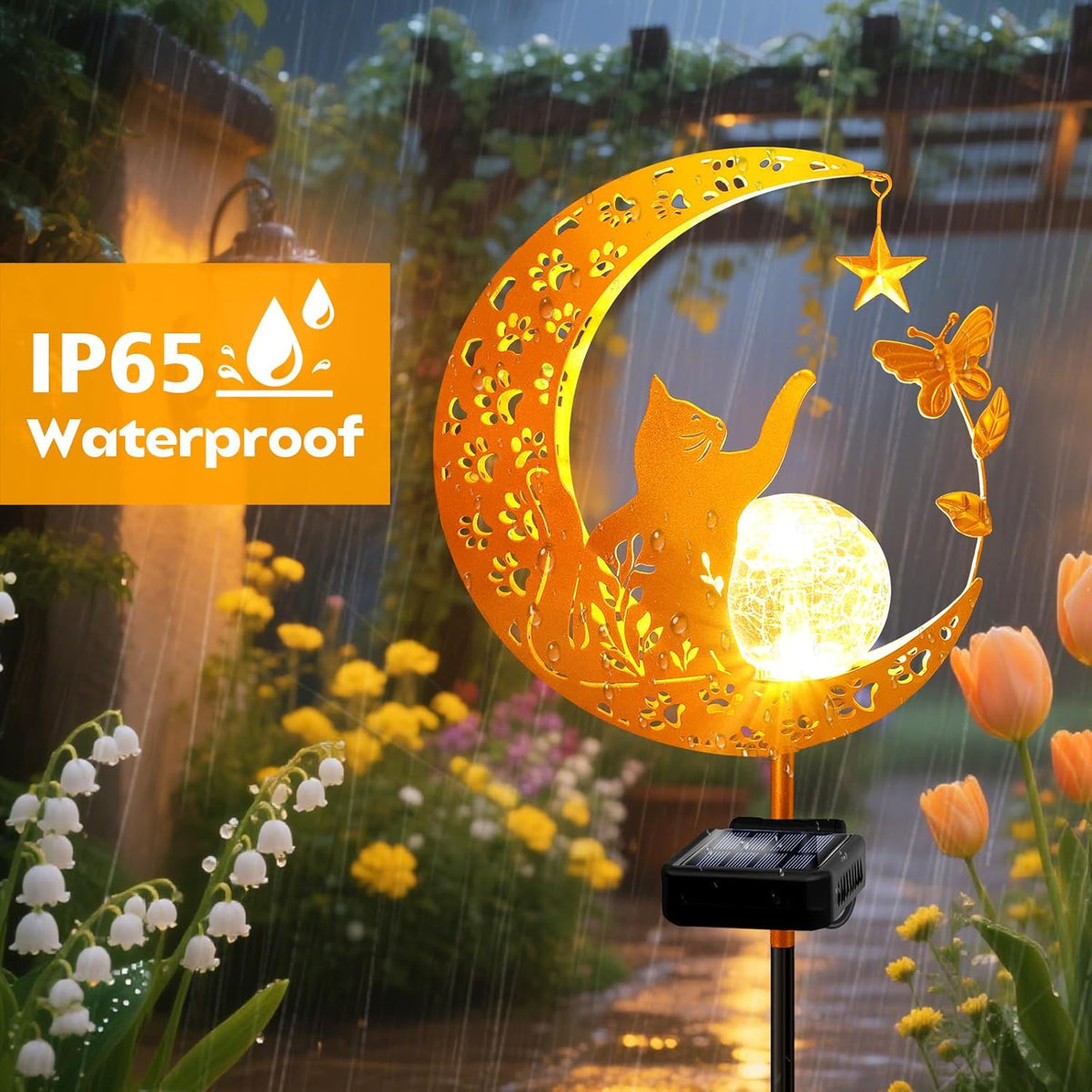 YJFWAL Garden Solar Cat Lights Pathway Stake Lights Glass Globe with Moon Cat Decor, Gifts for Mom