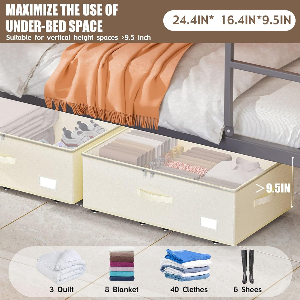 Under Bed Storage with Wheels, No Assemble Required 10 inches height Under Bed Storage bins,Large