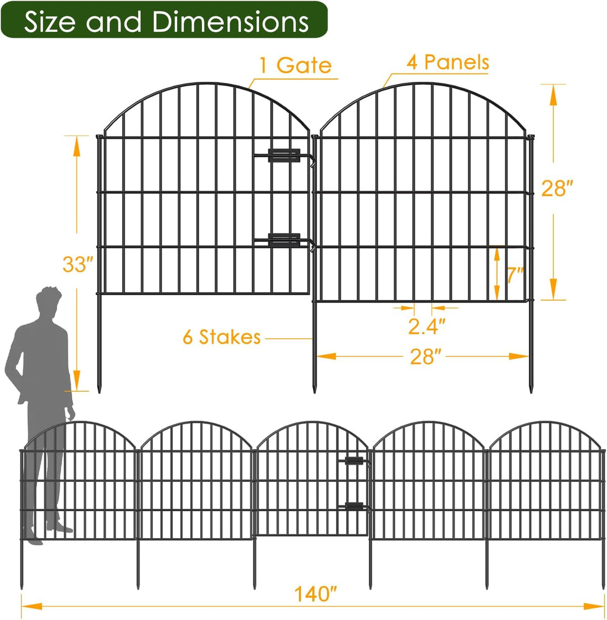 Metal Garden Fence with Gate 28in (H) x 11.7ft (L), 1 Gate + 4 Panels Rustproof Border Fence Animal