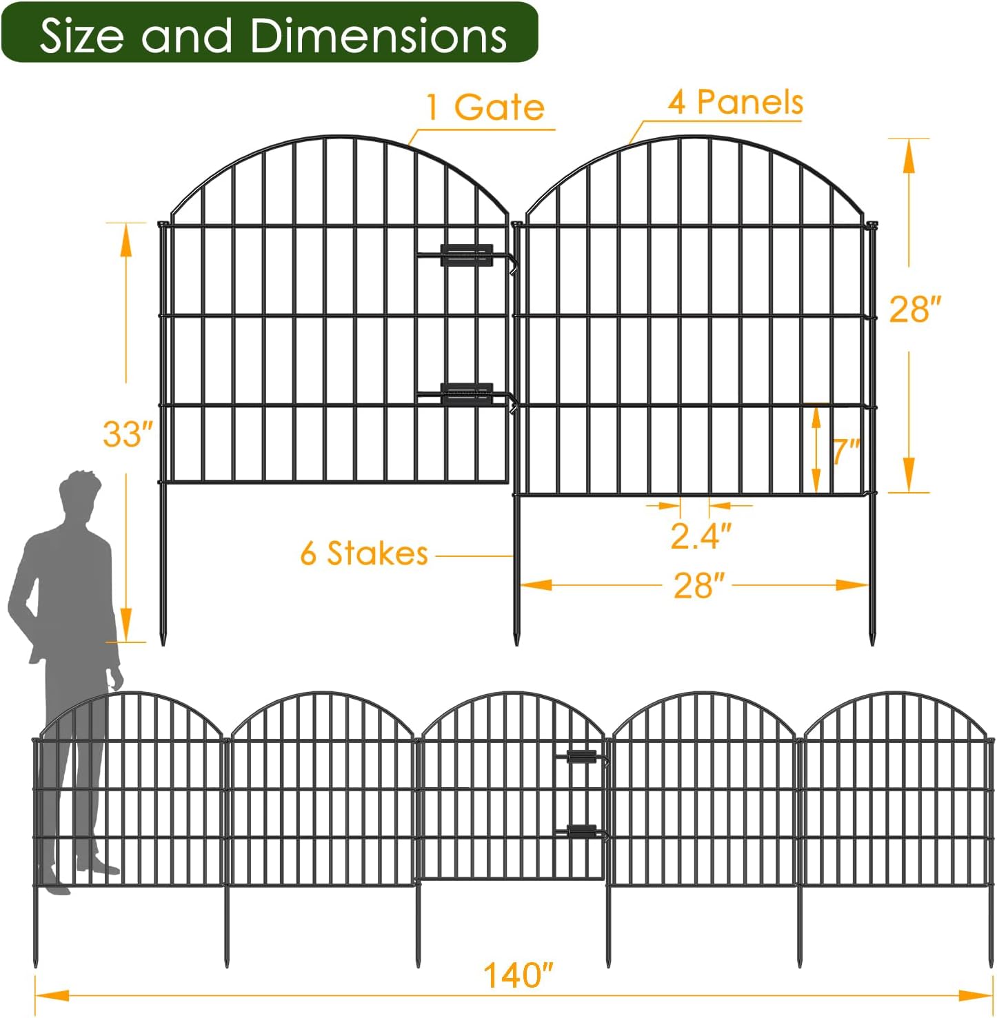 Metal Garden Fence with Gate 28in (H) x 11.7ft (L), 1 Gate + 4 Panels Rustproof Border Fence Animal
