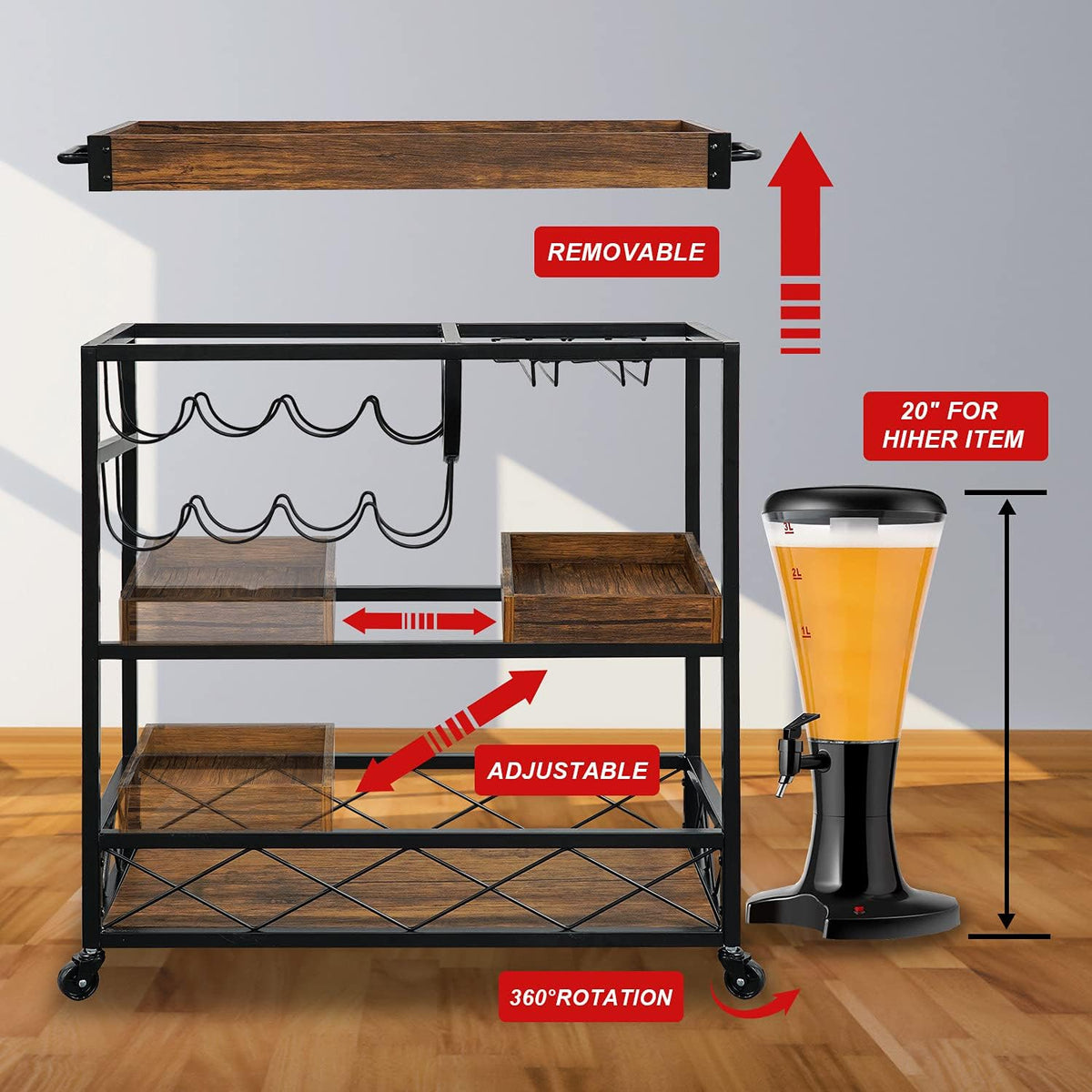 Bar Cart for The Home, 3 Tire Industrial Rolling Serving Cart on Lockable Wheels, Alcoholic