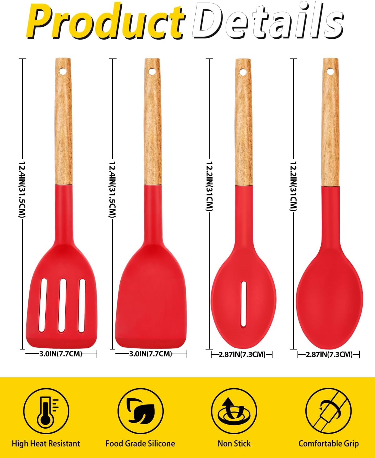 Pack of 4 Silicone Cooking Utensils Set, Non Stick Solid Spatulas and Heat Resistant Slotted Spoons