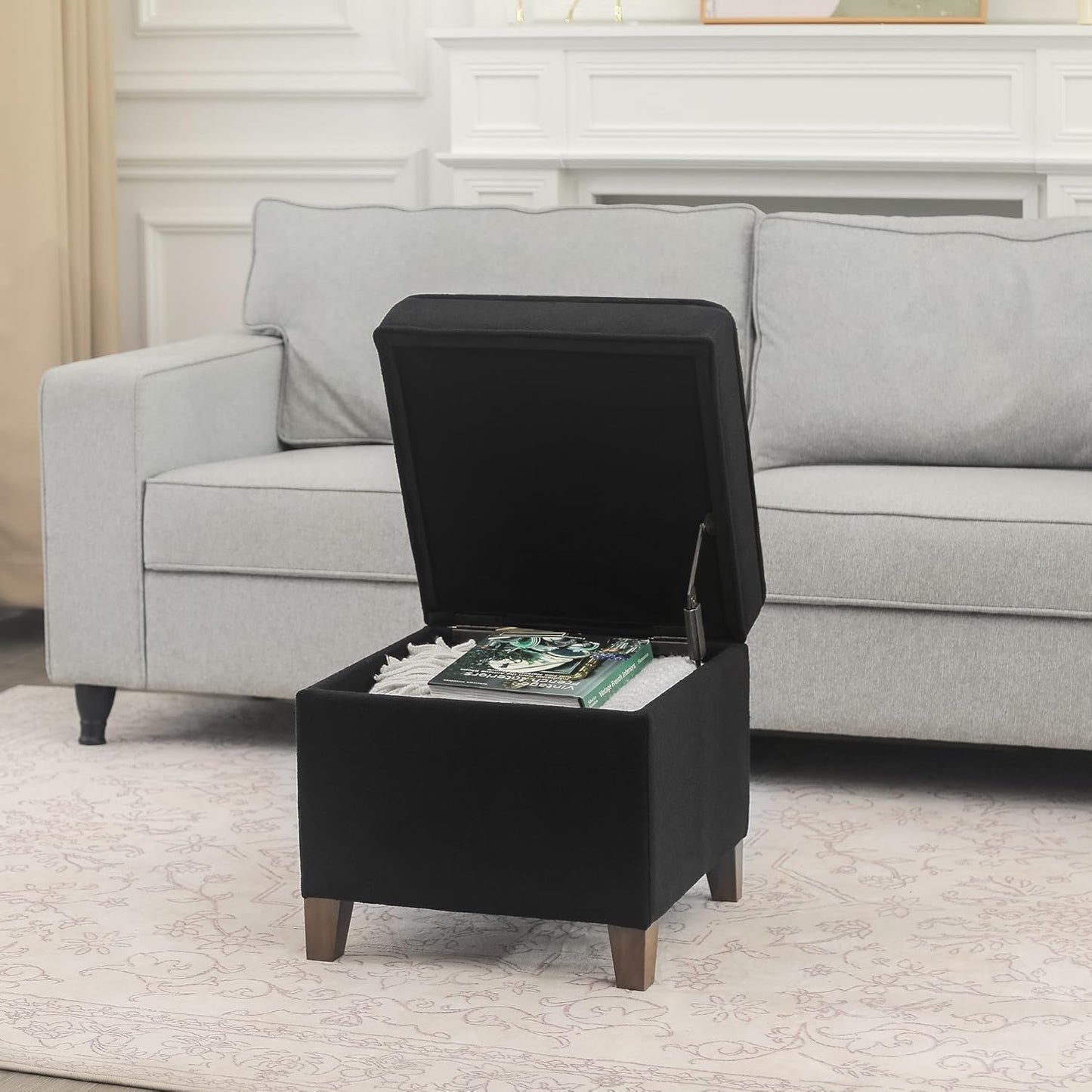 Adeco 17.5" Square Fabric Ottoman with Storage - Upholstered Cotton Linen Foot Rest - Flip Top