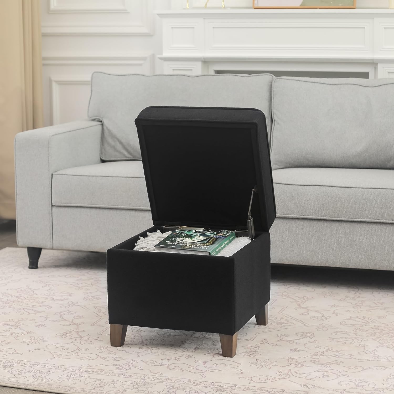 Adeco 17.5" Square Fabric Ottoman with Storage - Upholstered Cotton Linen Foot Rest - Flip Top