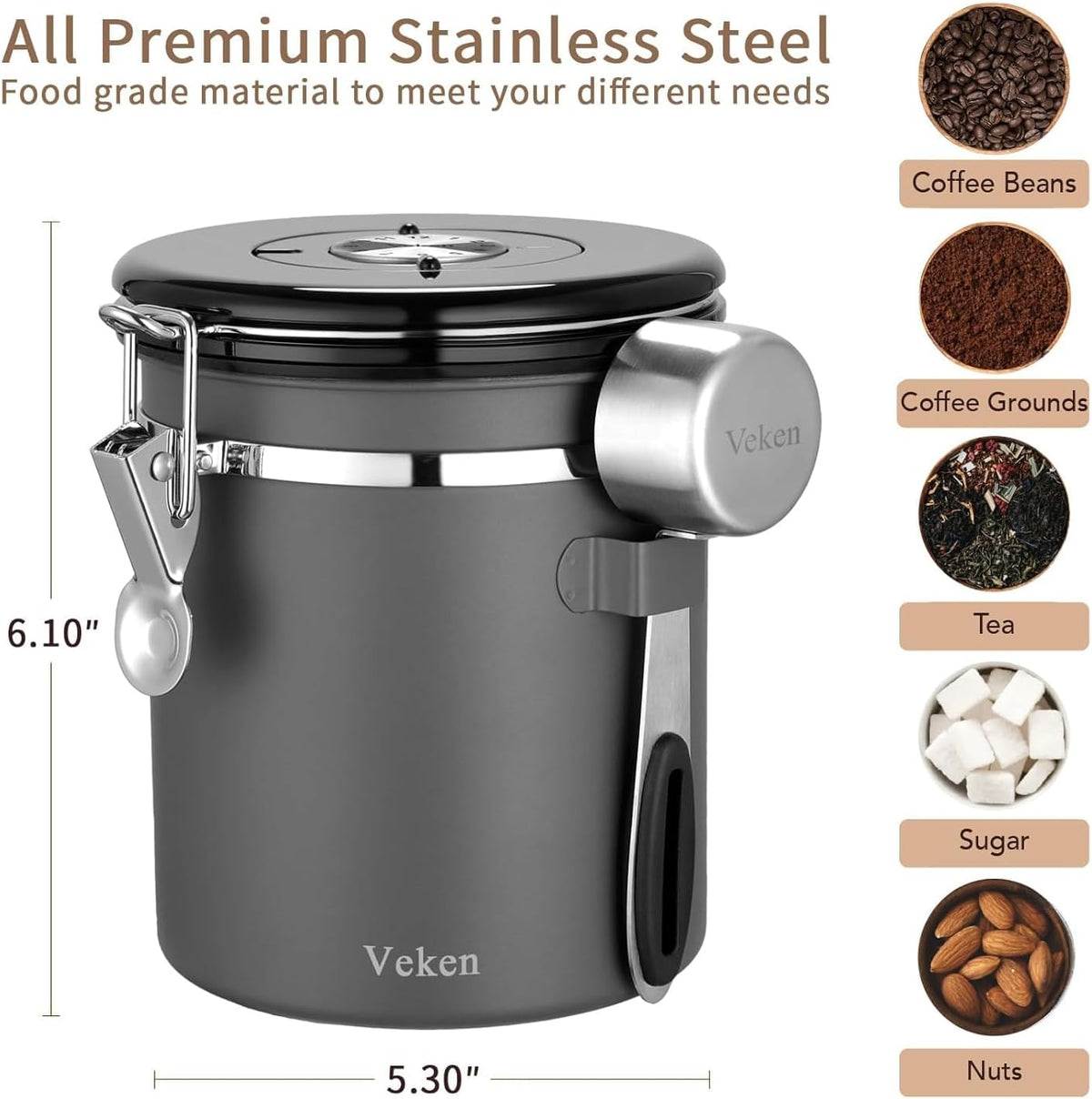 Veken Coffee Canister, Airtight Stainless Steel Kitchen Food Storage Container with Date Tracker
