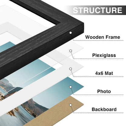 Vittanly 5x7 Picture Frames Set of 9, Shatter Resistant Plexiglass, Display 4x6 Pictures with Mat