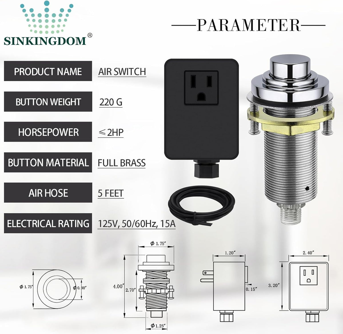 SinkTop Air Switch Kit (Long Full Brass Button) for Garbage Disposal, Cordless Chrome
