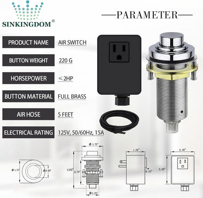 SinkTop Air Switch Kit (Long Full Brass Button) for Garbage Disposal, Cordless Chrome