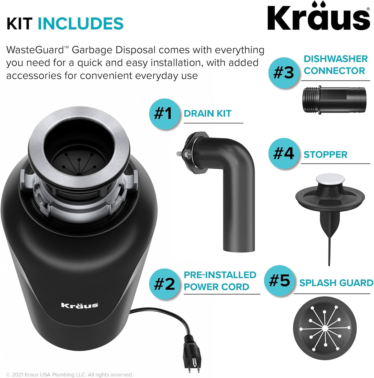 KRAUS WasteGuard 3/4 HP Ultra-Quiet Garbage Disposal with Quick Connect, Kitchen Sink Drain Cover