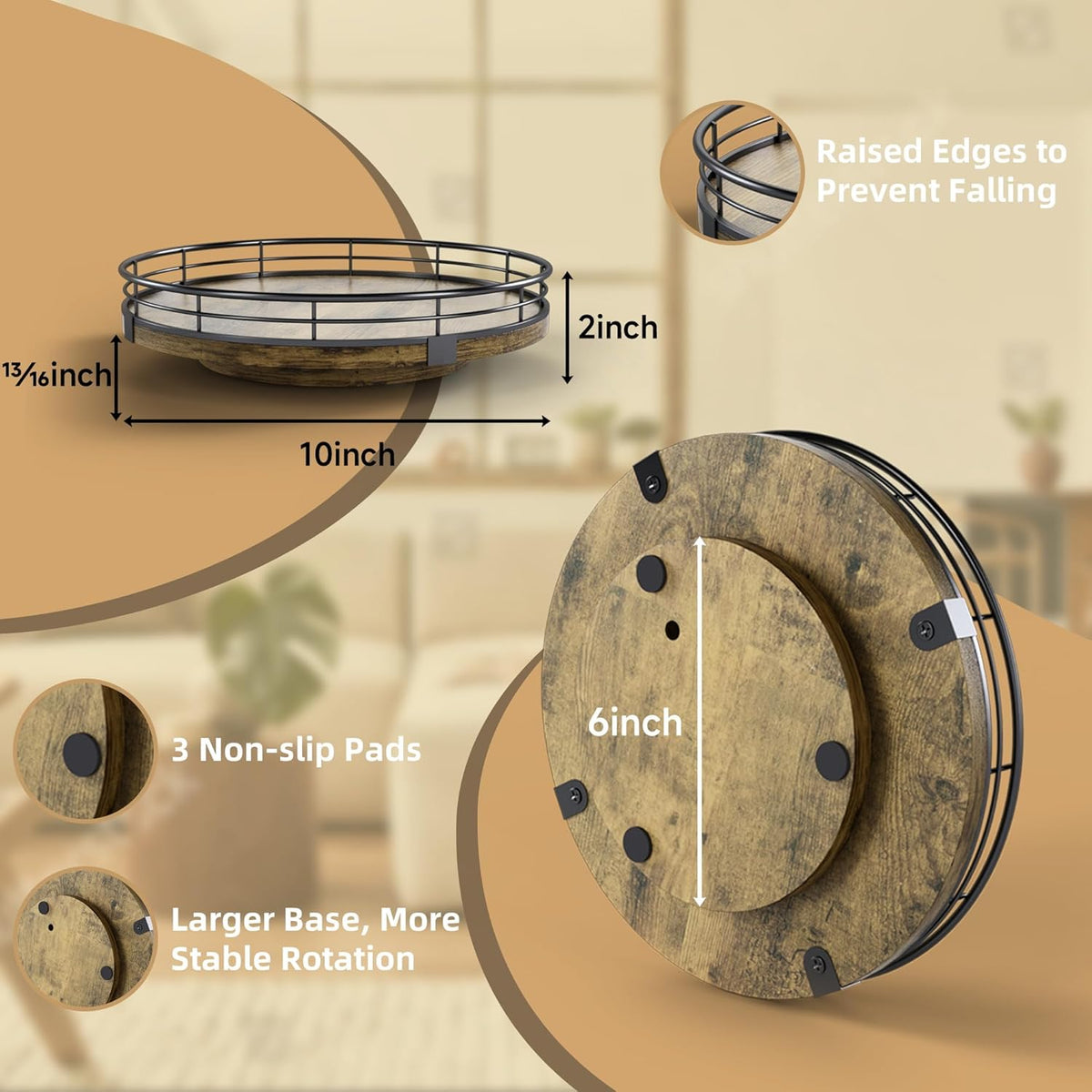 Lazy Susan Turntable Organizer for Table Top, 10’’ Round Wooden Lazy Susan for Cabinet Kitchen