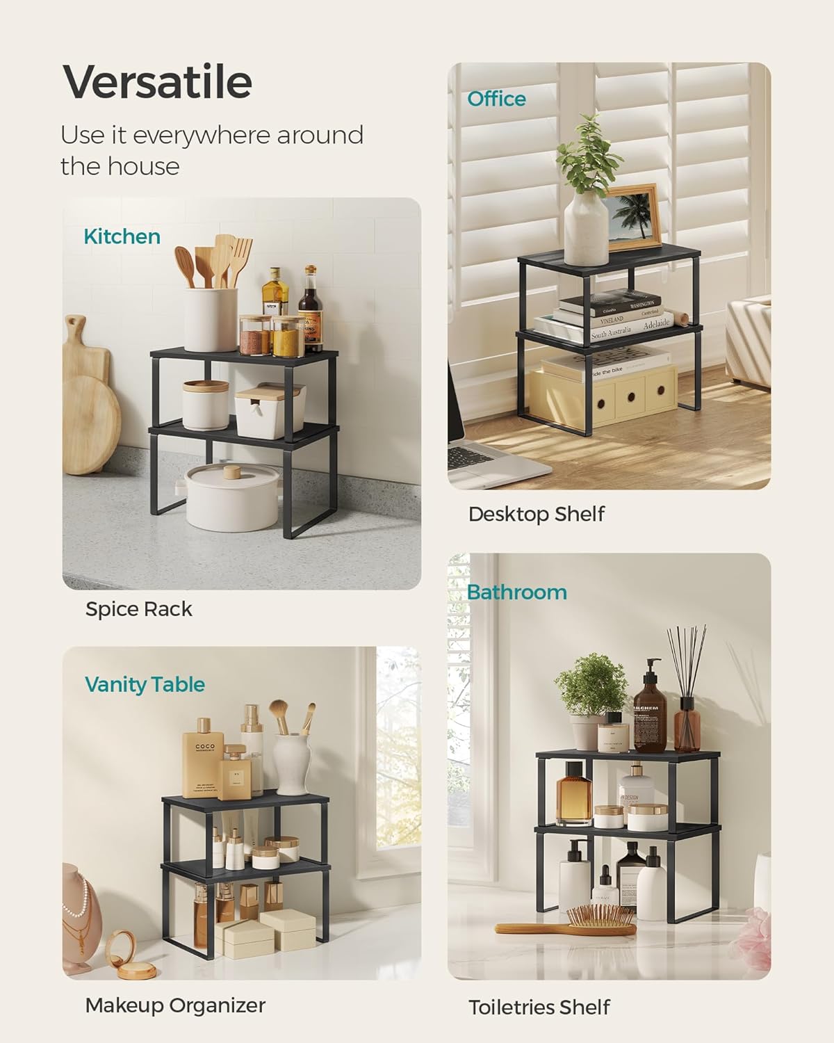 SONGMICS Cabinet Organizer Shelf, Set of 2 Kitchen Counter Shelves, Kitchen Storage, Spice Rack