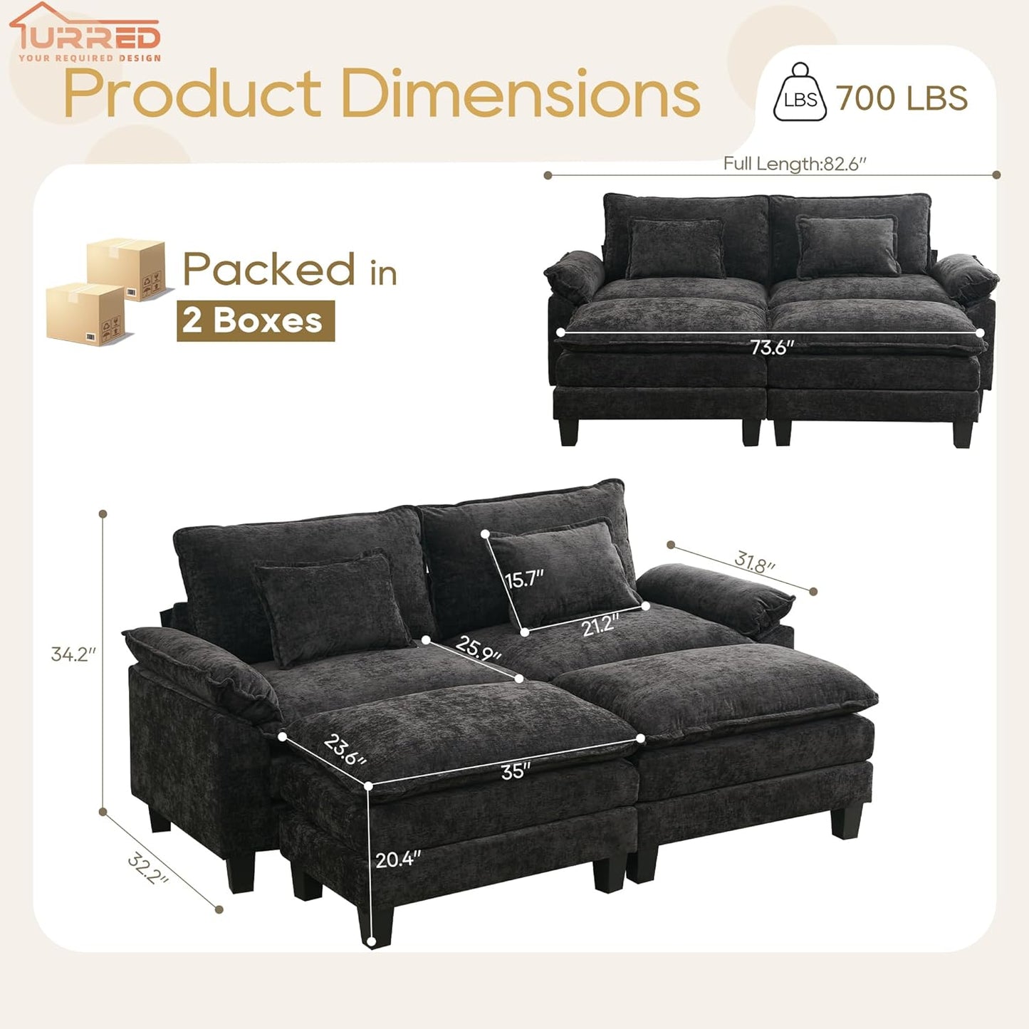 URRED Modular Sectional Sofa Comfy Cloud Couch, Modern Chenille Sofa Sleeper Deep Seat Couches with