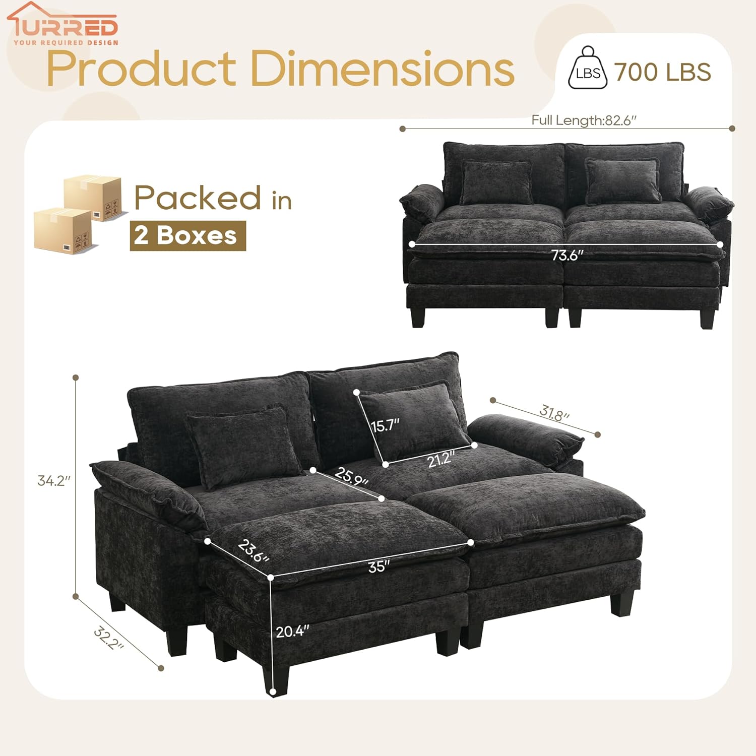 URRED Modular Sectional Sofa Comfy Cloud Couch, Modern Chenille Sofa Sleeper Deep Seat Couches with