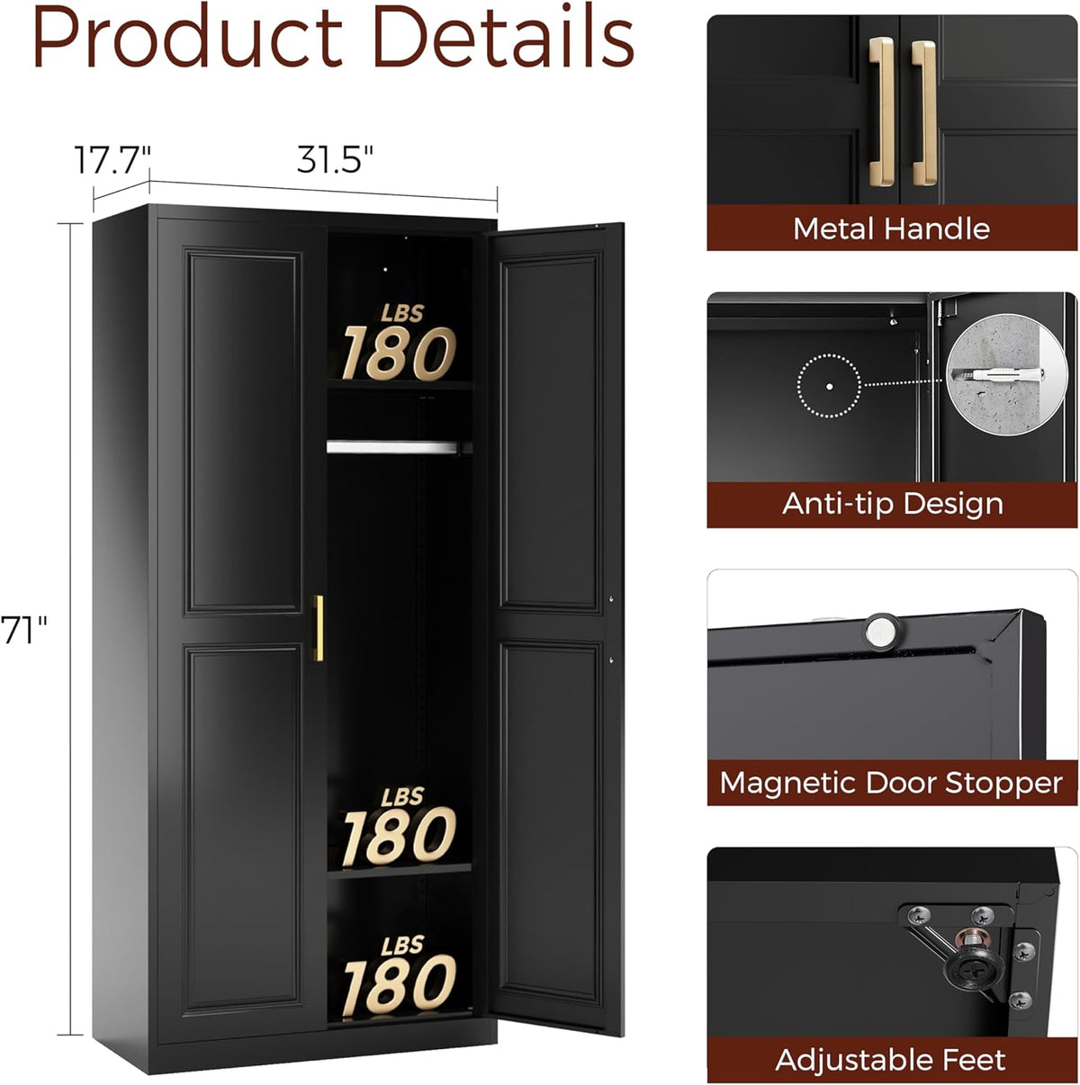 71" Metal Armoire Wardrobe Closet with 2 Doors, Tall Wardrobe Cabinet with Hanging Rod and
