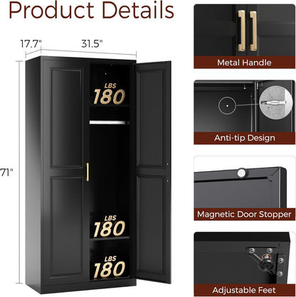 71" Metal Armoire Wardrobe Closet with 2 Doors, Tall Wardrobe Cabinet with Hanging Rod and