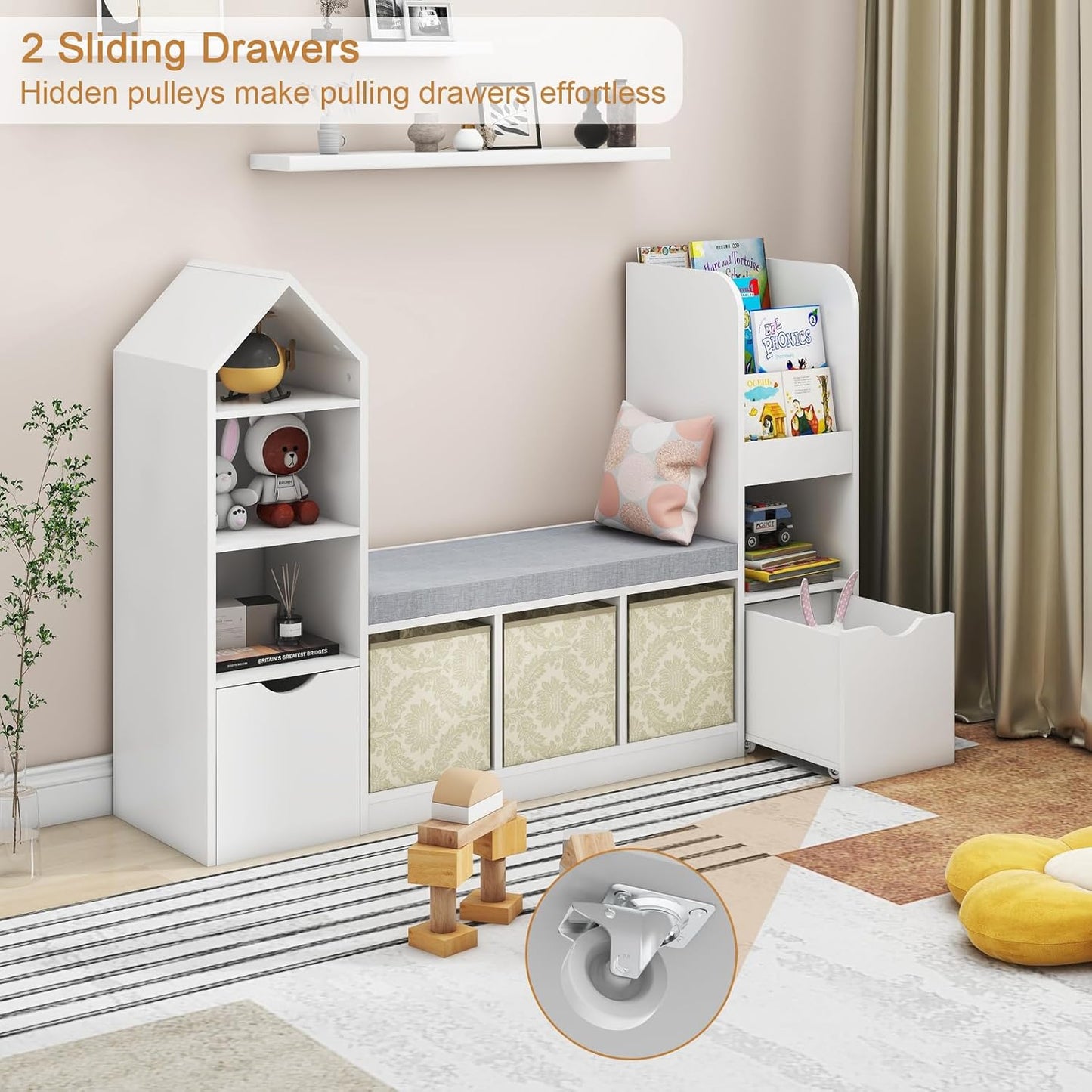 Vabches Kids Bookcase and Bookshelf with Reading Nook, Multifunctional Bookcase with 7 Storage