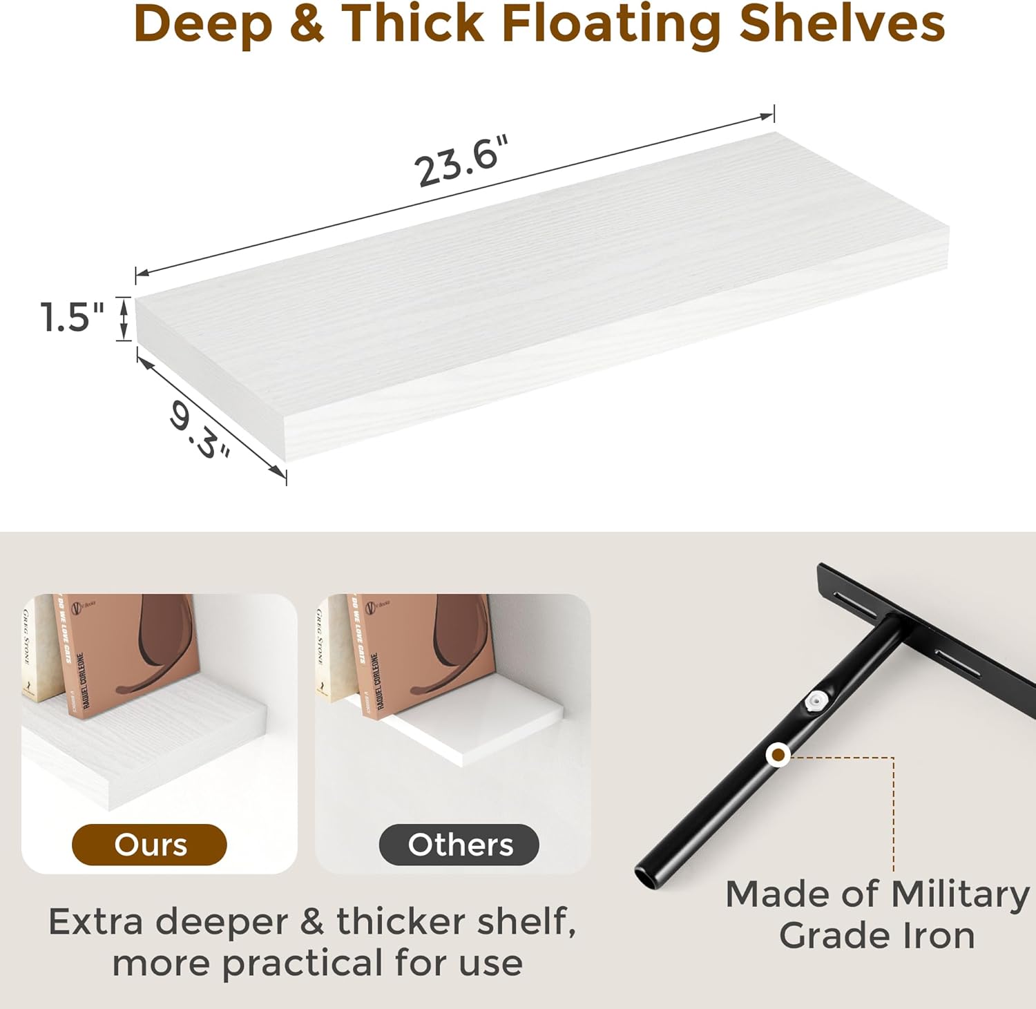 24 Inch Floating Shelves, Rustic 24 x 9 White Floating Shelf for Wall, White Bathroom Shelves Set