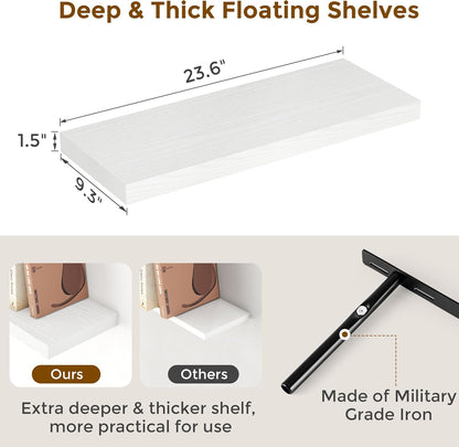24 Inch Floating Shelves, Rustic 24 x 9 White Floating Shelf for Wall, White Bathroom Shelves Set