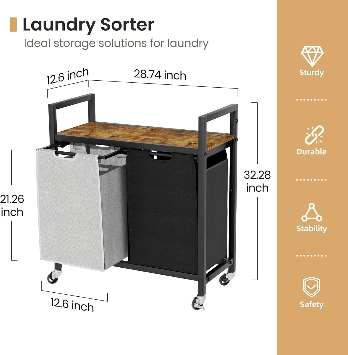Laundry Hamper, Laundry Basket, Laundry Sorter with 2 Removable Bags, Clothes Basket with 2