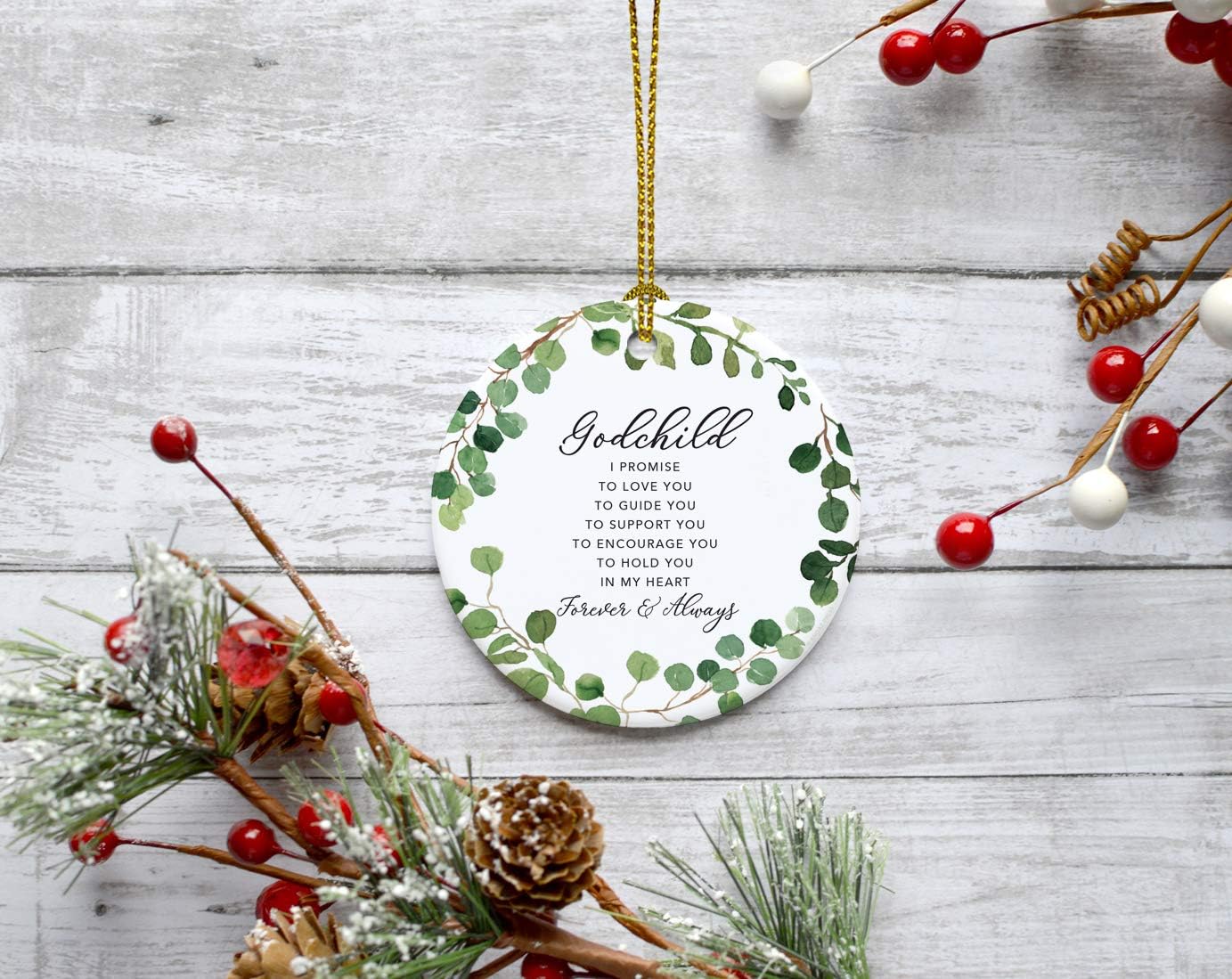 Andaz Press Round Ceramic Porcelain Christmas Tree Ornament Keepsake Collectible Gift, Godchild I