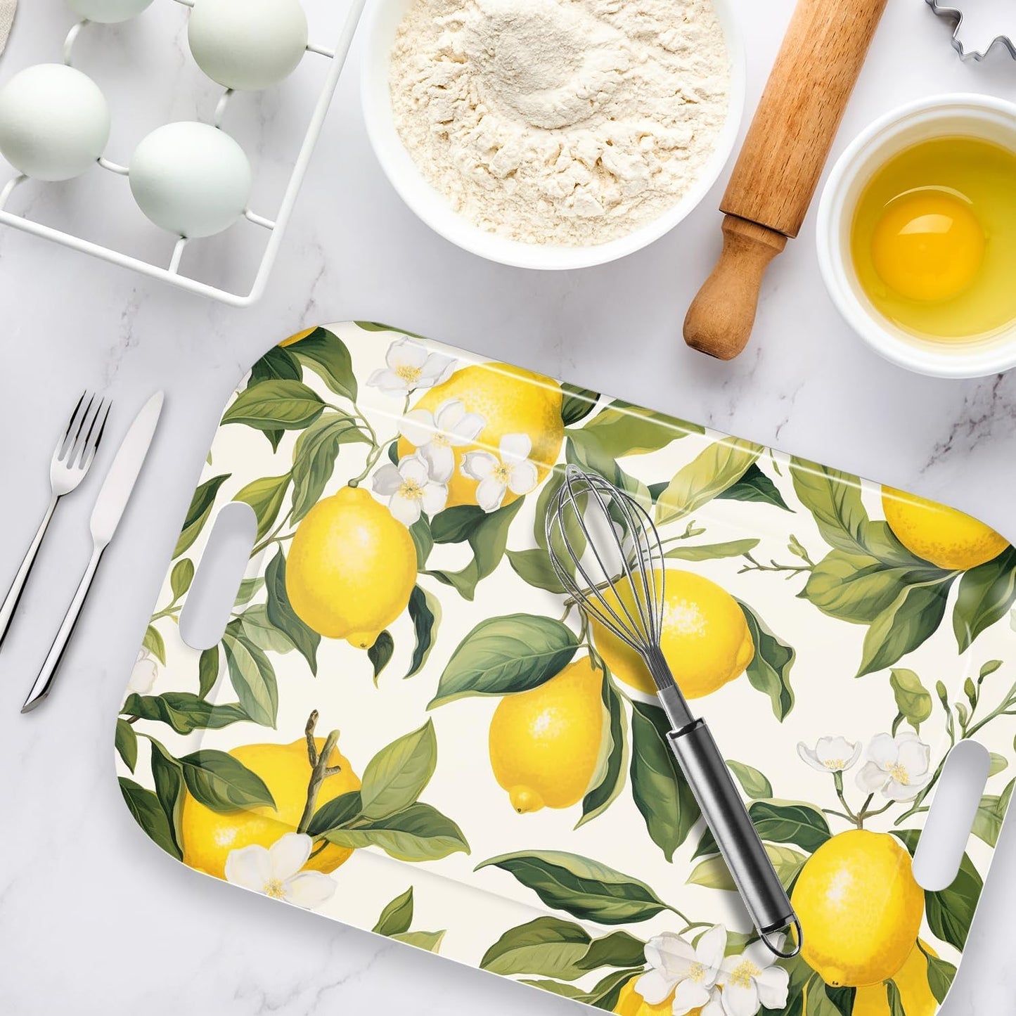 Serving Trays with Handles, 14.5 x 9.8 inch Rectangular Plastic Tray for Restaurant, Kitchen, Lemon