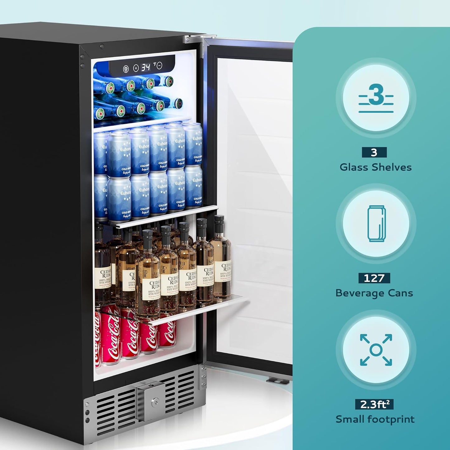 EUHOMY Beverage Refrigerator 15 Inch, Under Counter 127 Can Beverage Fridge with Stainless Steel