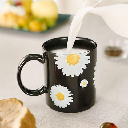 12Oz Daisy floral Black Ceramic Mug, Mug for Daily Coffee and Tea, Lead-free Microwave and